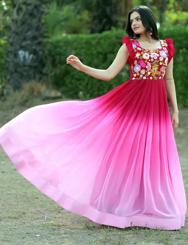 FOXDX_Women_Embroidered_Gown_Kurta_(Pink,_White_&_Maroon)