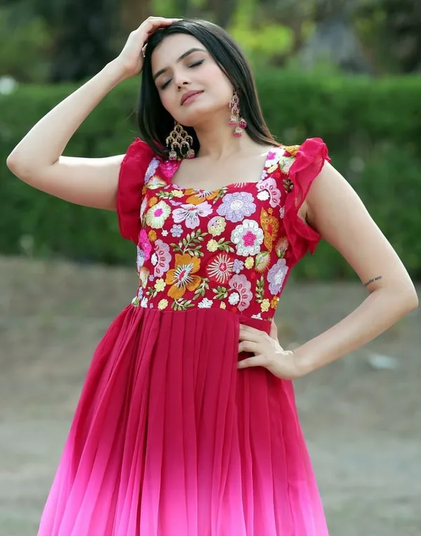 FOXDX_Women_Embroidered_Gown_Kurta_(Pink,_White_&_Maroon)
