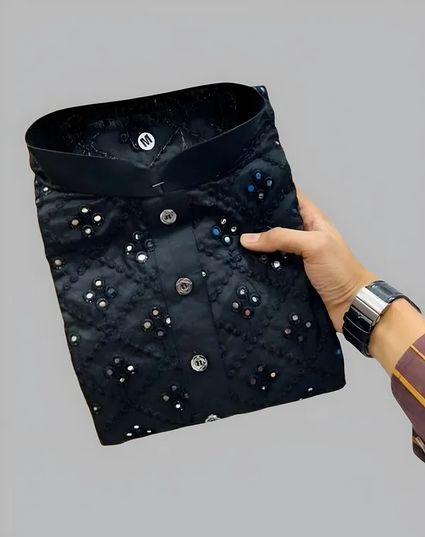 FOXDX_Black_Men_Embroidered_A-Line_Kurta