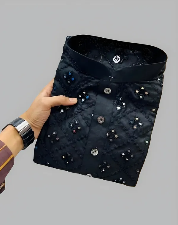 FOXDX_Black_Men_Embroidered_A-Line_Kurta