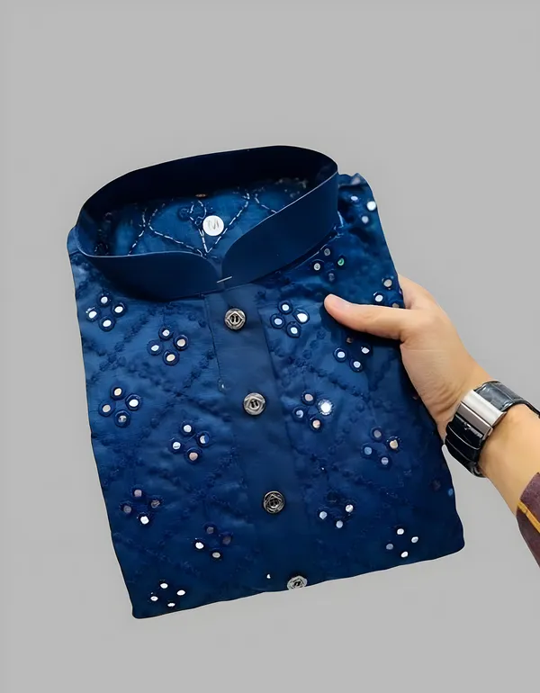 FOXDX_Blue_Men_Embroidered_A-Line_Kurta
