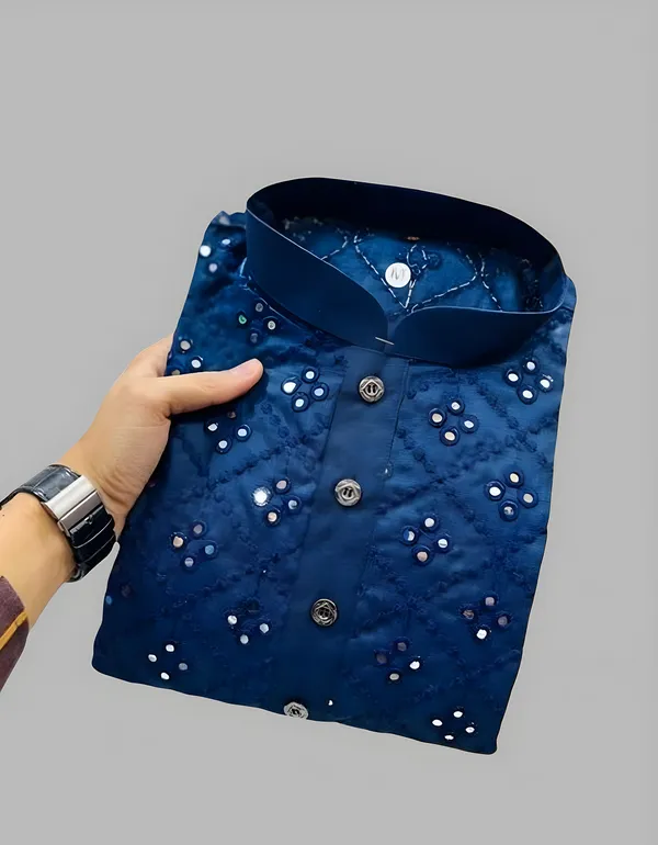 FOXDX_Blue_Men_Embroidered_A-Line_Kurta