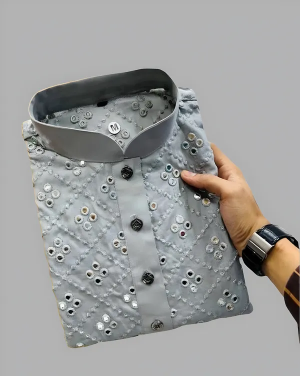FOXDX_Grey_Men_Embroidered_A-Line_Kurta