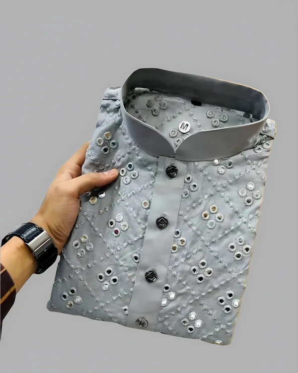 FOXDX_Grey_Men_Embroidered_A-Line_Kurta