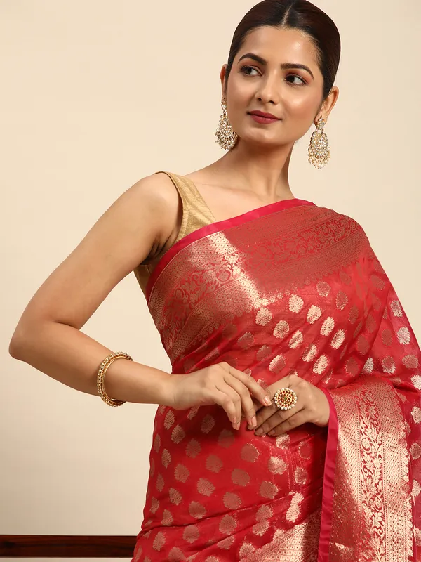 Indian_Women_Red_Organza_Silk_Land_Woven_Design_Zari_Pure_Cotton_Fusion_Saree