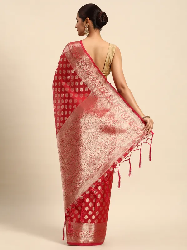 Indian_Women_Red_Organza_Silk_Land_Woven_Design_Zari_Pure_Cotton_Fusion_Saree