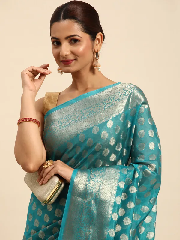 Indian_Women_Morpeach_Organza_Silk_Land_Woven_Design_Zari_Pure_Cotton_Fusion_Saree