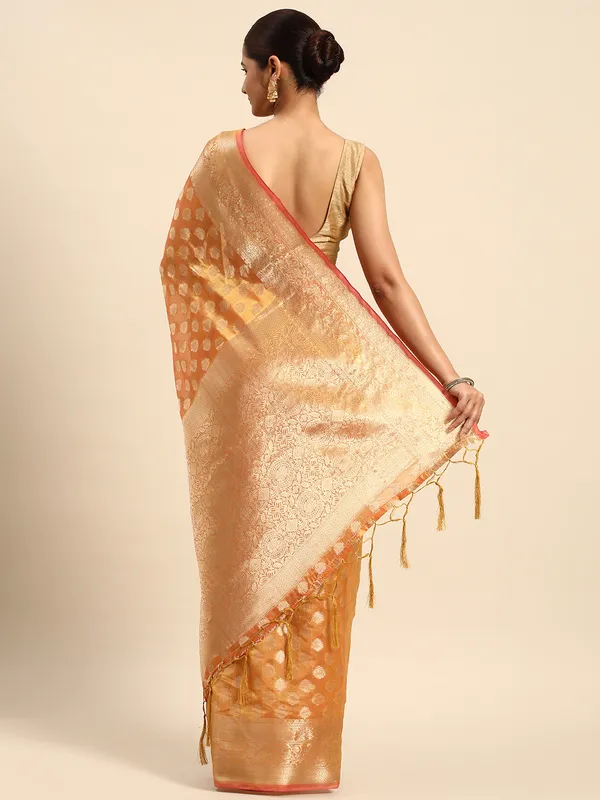 Indian_Women_Orange_Organza_Silk_Land_Woven_Design_Zari_Pure_Cotton_Fusion_Saree