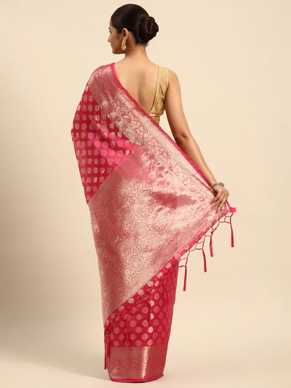 Indian_Women_Rani_Organza_Silk_Land_Woven_Design_Zari_Pure_Cotton_Fusion_Saree