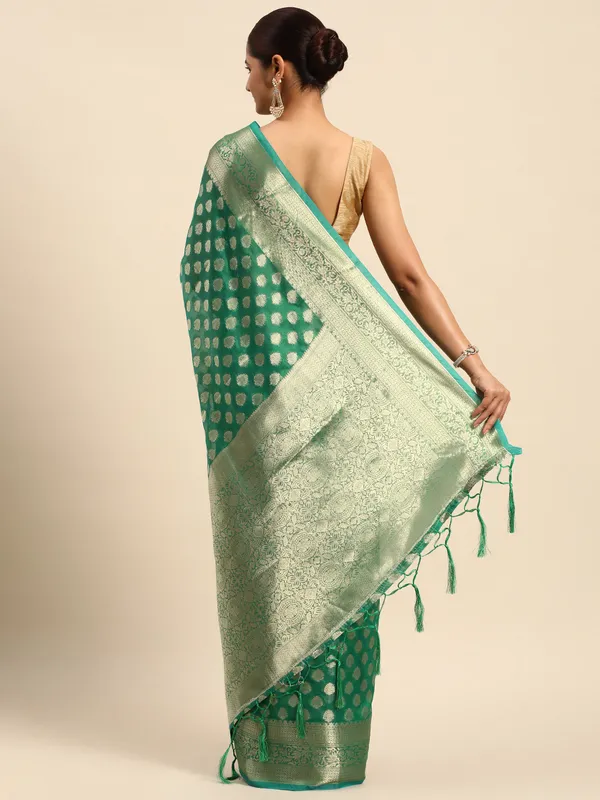 Indian_Women_Green_Organza_Silk_Land_Woven_Design_Zari_Pure_Cotton_Fusion_Saree