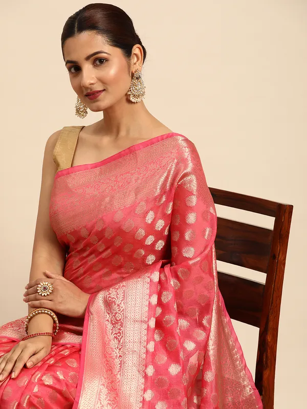 Indian_Women_Gajari__Organza_Silk_Land_Woven_Design_Zari_Pure_Cotton_Fusion_Saree