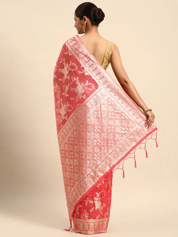 Indian_Women_Pink_Organza_Silk_Land_Woven_Design_Zari_Pure_Cotton_Fusion_Saree