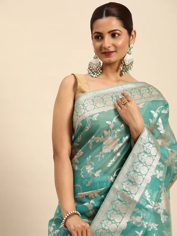 Indian_Women_Green_Organza_Silk_Land_Woven_Design_Zari_Pure_Cotton_Fusion_Saree