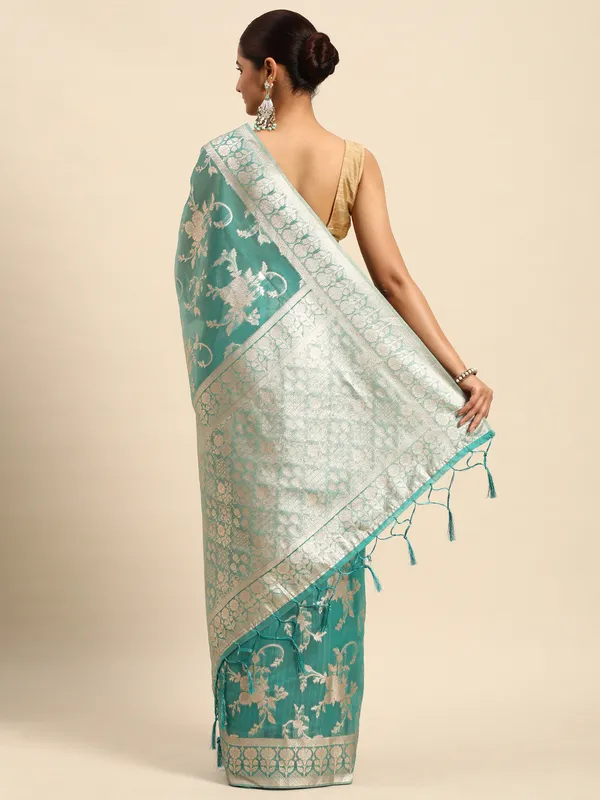 Indian_Women_Green_Organza_Silk_Land_Woven_Design_Zari_Pure_Cotton_Fusion_Saree