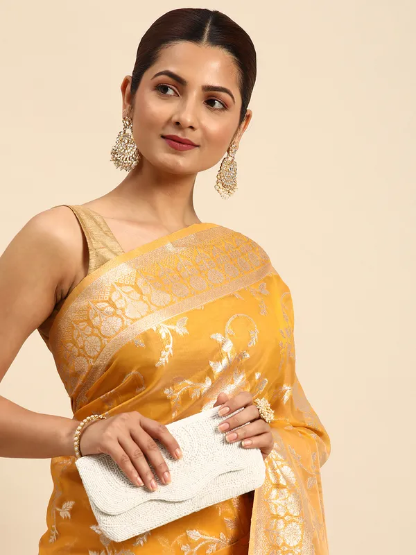 Indian_Women_Yellow_Organza_Silk_Land_Woven_Design_Zari_Pure_Cotton_Fusion_Saree
