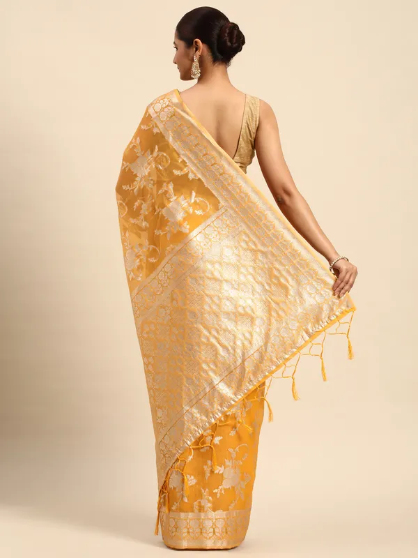 Indian_Women_Yellow_Organza_Silk_Land_Woven_Design_Zari_Pure_Cotton_Fusion_Saree