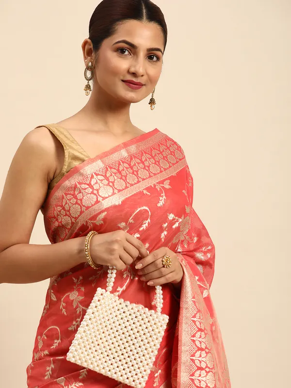 Indian_Women_Red_Organza_Silk_Land_Woven_Design_Zari_Pure_Cotton_Fusion_Saree