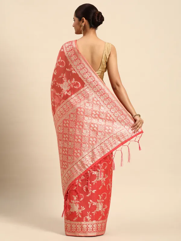 Indian_Women_Red_Organza_Silk_Land_Woven_Design_Zari_Pure_Cotton_Fusion_Saree