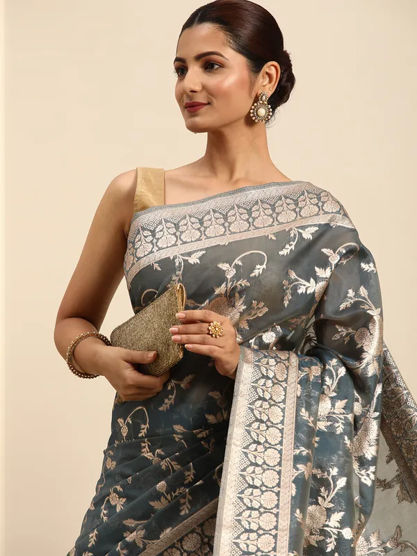 Indian_Women_Grey_Organza_Silk_Land_Woven_Design_Zari_Pure_Cotton_Fusion_Saree