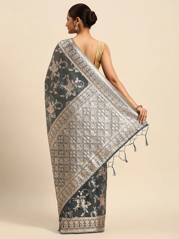 Indian_Women_Grey_Organza_Silk_Land_Woven_Design_Zari_Pure_Cotton_Fusion_Saree