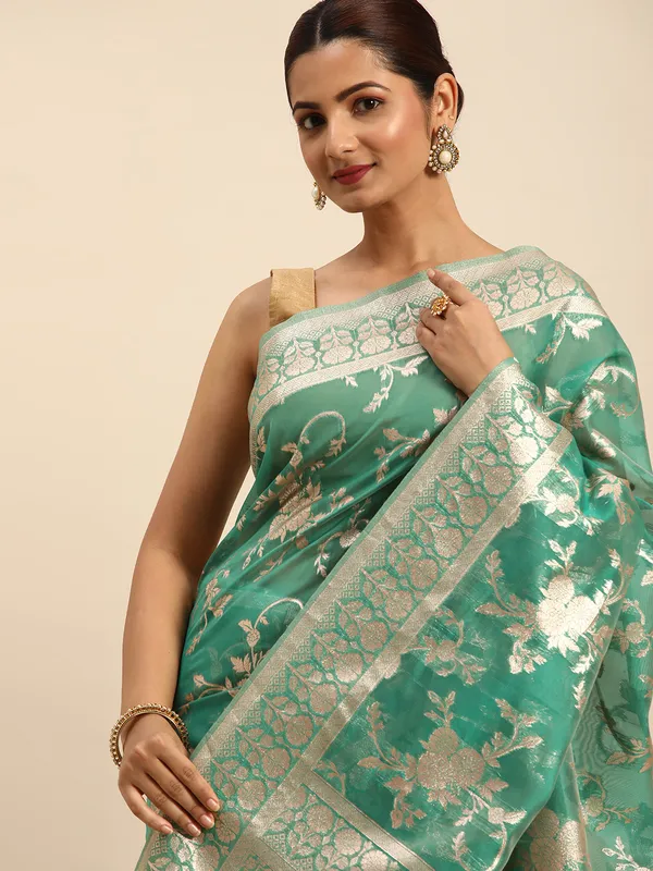 Indian_Women_Light_Green_Organza_Silk_Land_Woven_Design_Zari_Pure_Cotton_Fusion_Saree