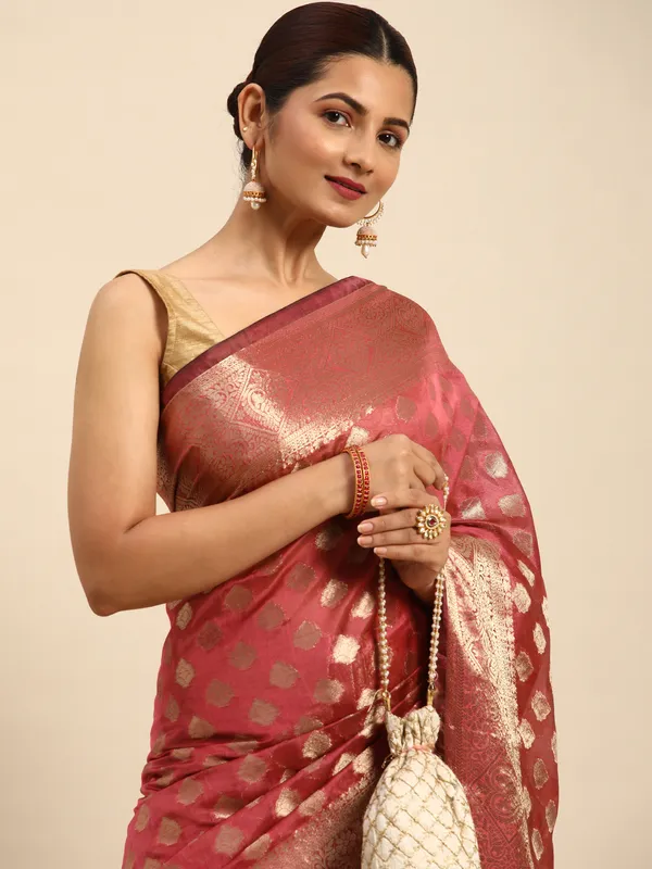 Indian_Women_Gajari__Organza_Silk_Land_Woven_Design_Zari_Pure_Cotton_Fusion_Saree