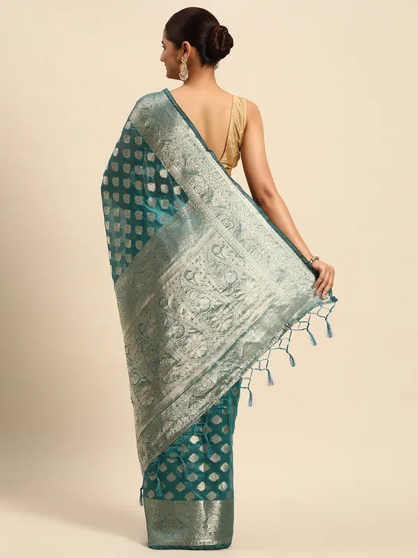 Indian_Women_Teal_Blue_Organza_Silk_Land_Woven_Design_Zari_Pure_Cotton_Fusion_Saree