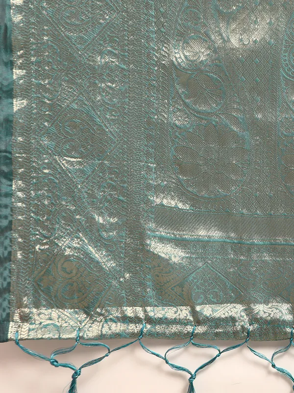 Indian_Women_Teal_Blue_Organza_Silk_Land_Woven_Design_Zari_Pure_Cotton_Fusion_Saree