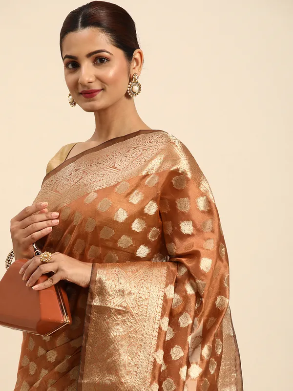 Indian_Women_Brown_Organza_Silk_Land_Woven_Design_Zari_Pure_Cotton_Fusion_Saree