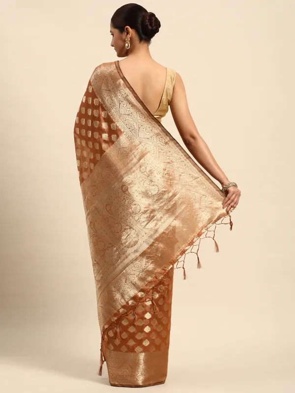 Indian_Women_Brown_Organza_Silk_Land_Woven_Design_Zari_Pure_Cotton_Fusion_Saree