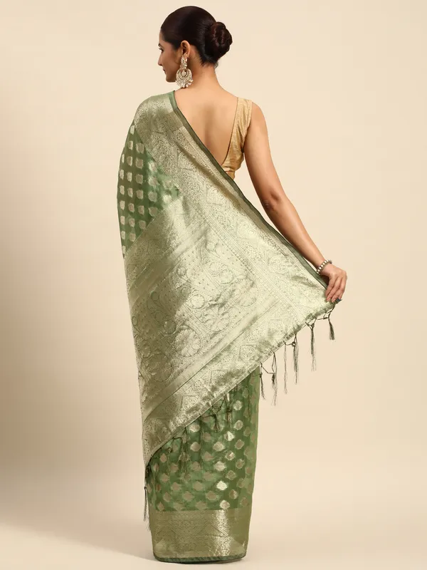 Indian_Women_Green_Organza_Silk_Land_Woven_Design_Zari_Pure_Cotton_Fusion_Saree