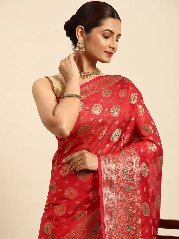Indian_Women_Red_Organza_Silk_Land_Woven_Design_Zari_Pure_Cotton_Fusion_Saree