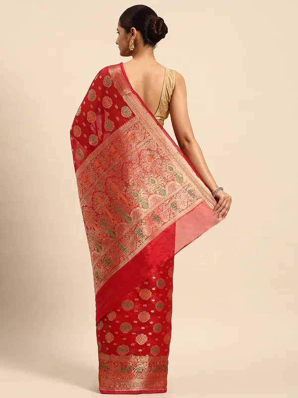 Indian_Women_Red_Organza_Silk_Land_Woven_Design_Zari_Pure_Cotton_Fusion_Saree