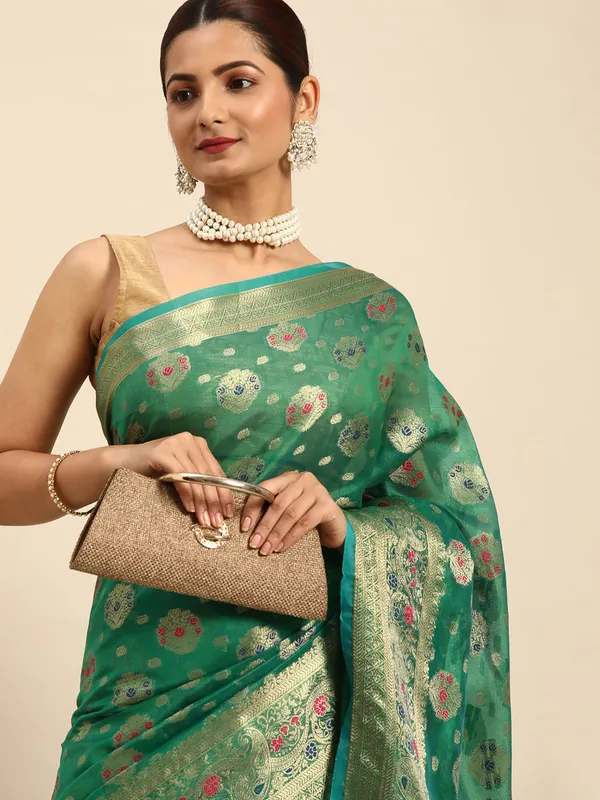 Indian_Women_Green_Organza_Silk_Land_Woven_Design_Zari_Pure_Cotton_Fusion_Saree