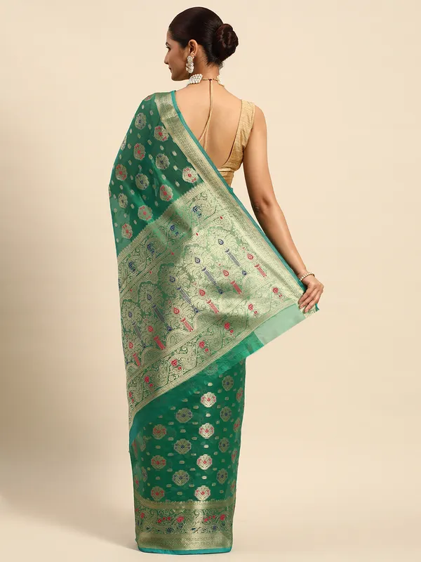 Indian_Women_Green_Organza_Silk_Land_Woven_Design_Zari_Pure_Cotton_Fusion_Saree