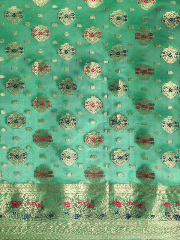 Indian_Women_Green_Organza_Silk_Land_Woven_Design_Zari_Pure_Cotton_Fusion_Saree