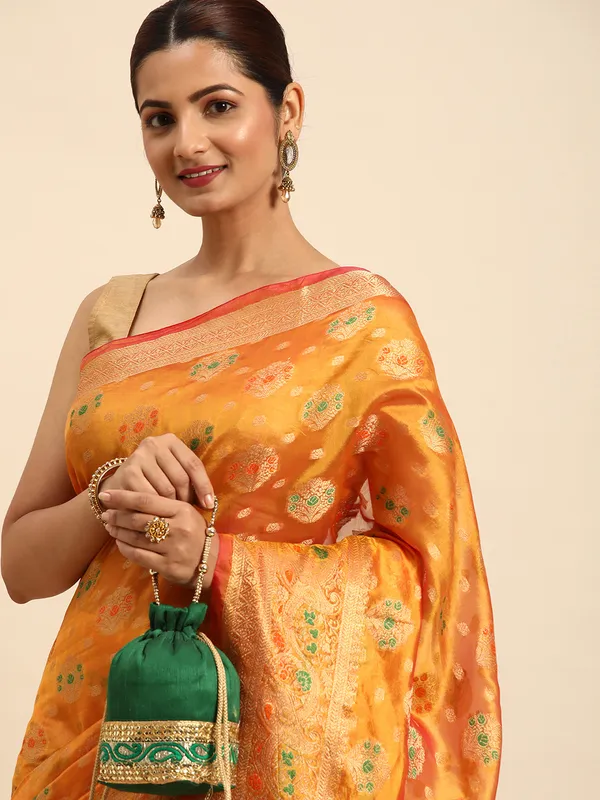 Indian_Women_Orange_Organza_Silk_Land_Woven_Design_Zari_Pure_Cotton_Fusion_Saree