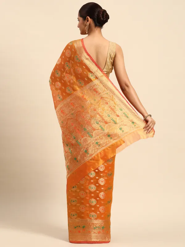 Indian_Women_Orange_Organza_Silk_Land_Woven_Design_Zari_Pure_Cotton_Fusion_Saree