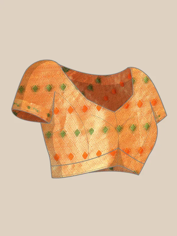 Indian_Women_Orange_Organza_Silk_Land_Woven_Design_Zari_Pure_Cotton_Fusion_Saree