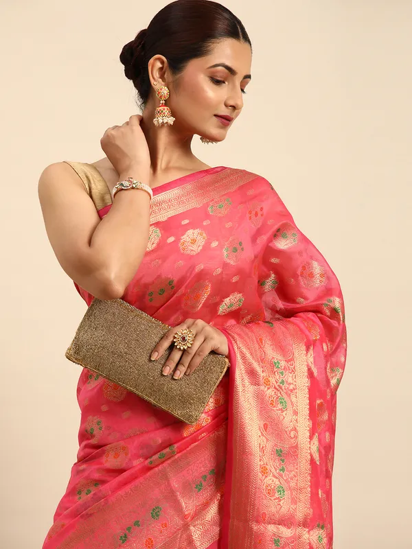 Indian_Women_Pink_Organza_Silk_Land_Woven_Design_Zari_Pure_Cotton_Fusion_Saree