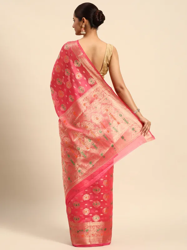 Indian_Women_Pink_Organza_Silk_Land_Woven_Design_Zari_Pure_Cotton_Fusion_Saree
