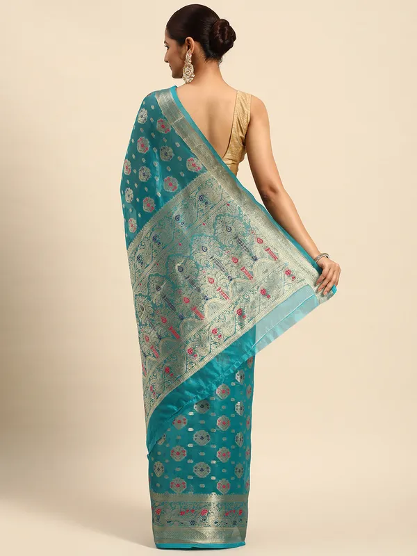 Indian_Women_Morpeach_Organza_Silk_Land_Woven_Design_Zari_Pure_Cotton_Fusion_Saree