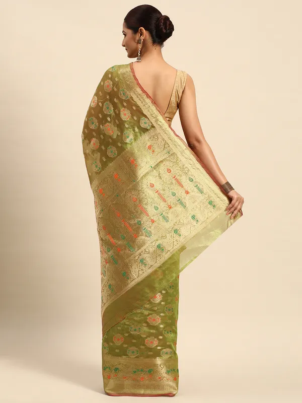 Indian_Women_Mehendi_Organza_Silk_Land_Woven_Design_Zari_Pure_Cotton_Fusion_Saree