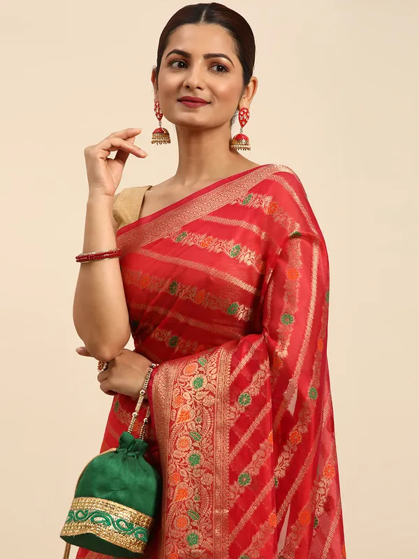 Indian_Women_Rani_Organza_Silk_Land_Woven_Design_Zari_Pure_Cotton_Fusion_Saree