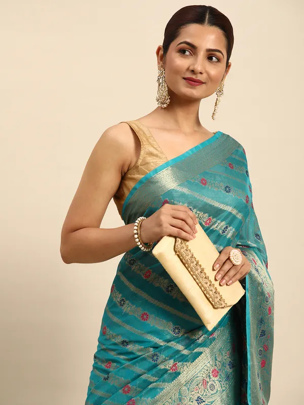 Indian_Women_Morpeach_Organza_Silk_Land_Woven_Design_Zari_Pure_Cotton_Fusion_Saree