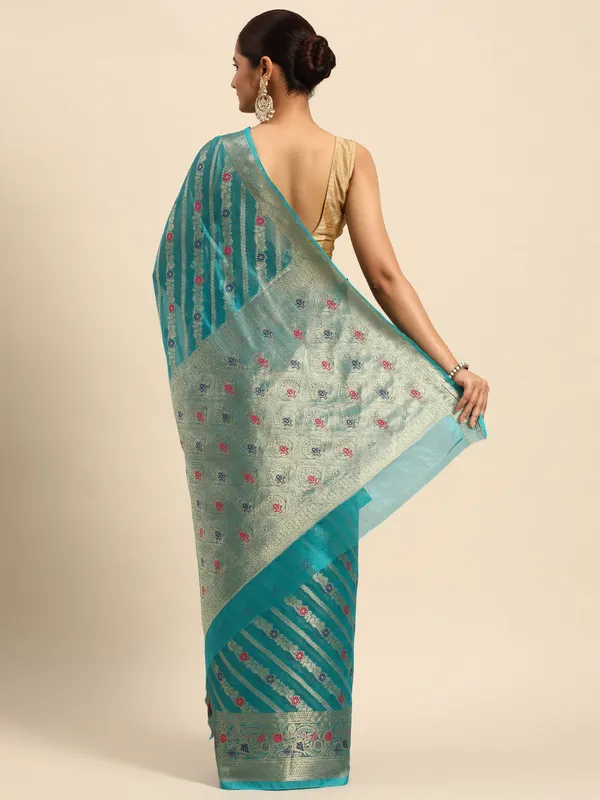 Indian_Women_Morpeach_Organza_Silk_Land_Woven_Design_Zari_Pure_Cotton_Fusion_Saree