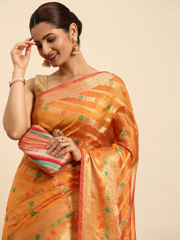 Indian_Women_Orange_Organza_Silk_Land_Woven_Design_Zari_Pure_Cotton_Fusion_Saree