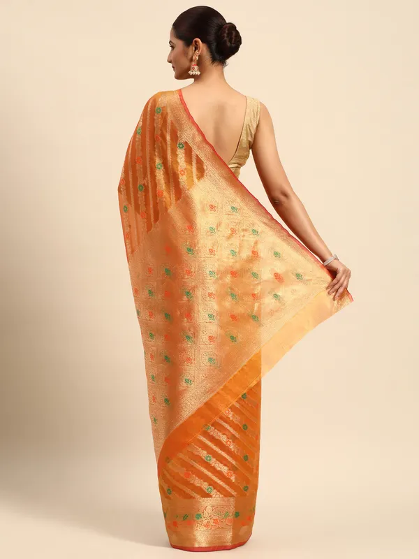 Indian_Women_Orange_Organza_Silk_Land_Woven_Design_Zari_Pure_Cotton_Fusion_Saree