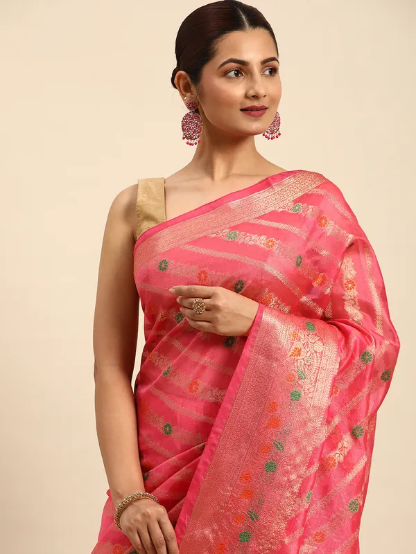 Indian_Women_Pink_Organza_Silk_Land_Woven_Design_Zari_Pure_Cotton_Fusion_Saree
