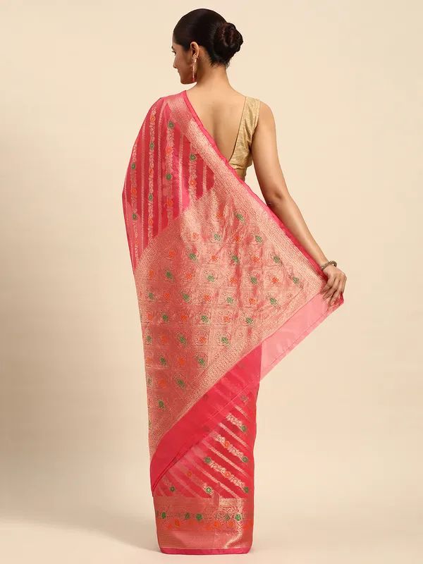 Indian_Women_Pink_Organza_Silk_Land_Woven_Design_Zari_Pure_Cotton_Fusion_Saree